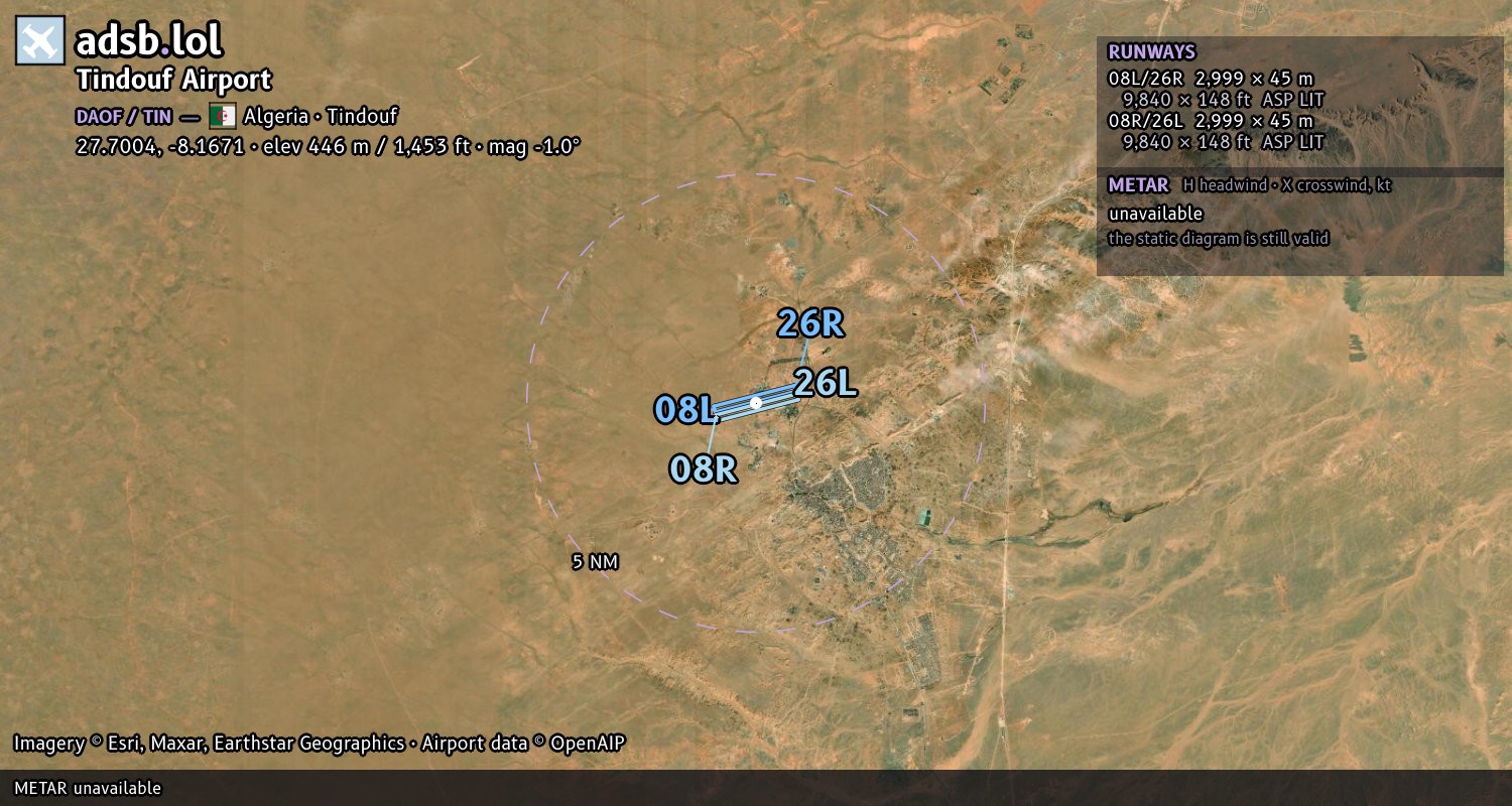Satellite map with the runway layout of Tindouf Airport (DAOF)