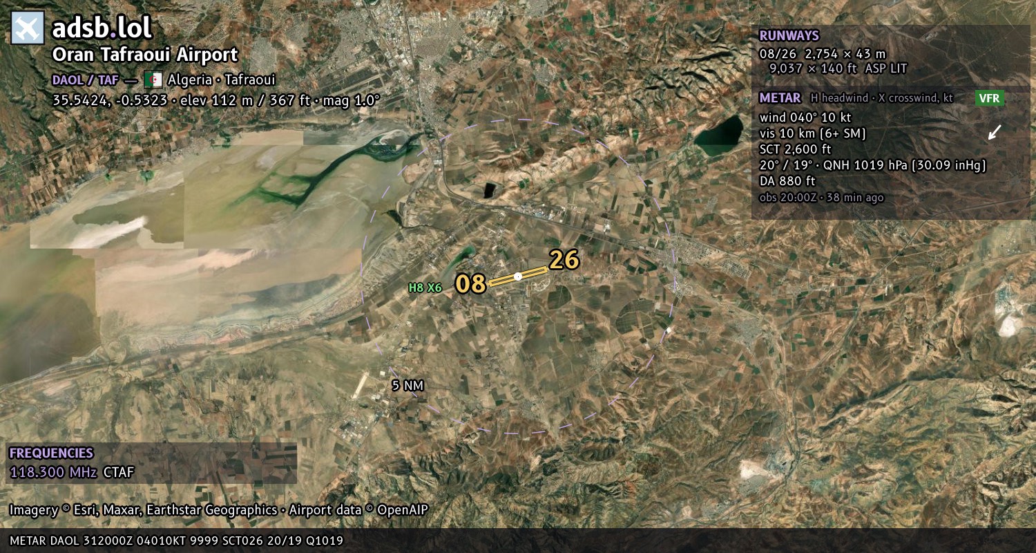 Satellite map with the runway layout of Oran Tafraoui Airport (DAOL)