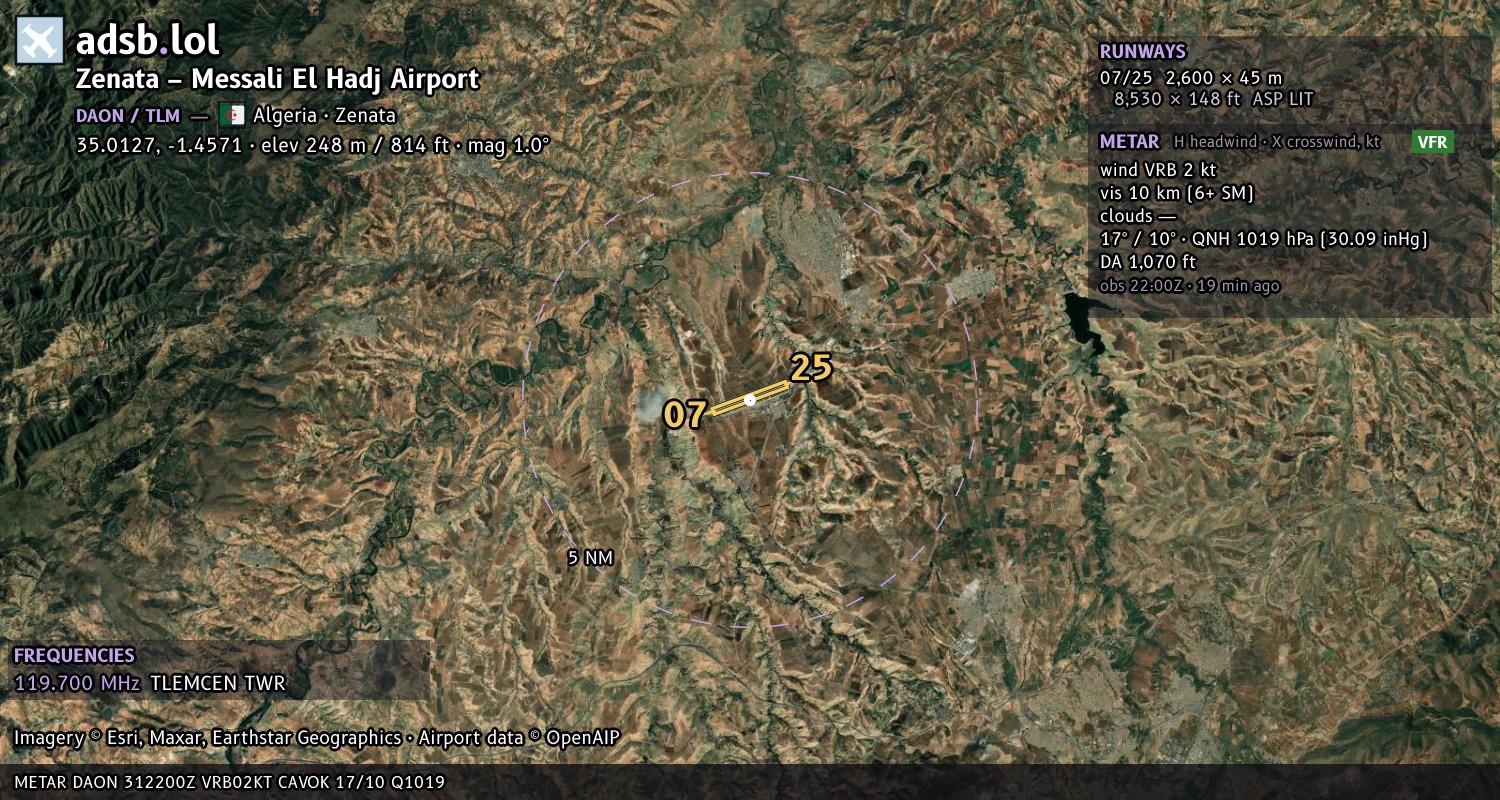 Satellite map with the runway layout of Zenata – Messali El Hadj Airport (DAON)