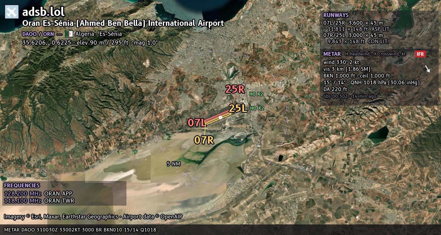 Satellite map with the runway layout of Oran Es-Sénia (Ahmed Ben Bella) International Airport (DAOO)