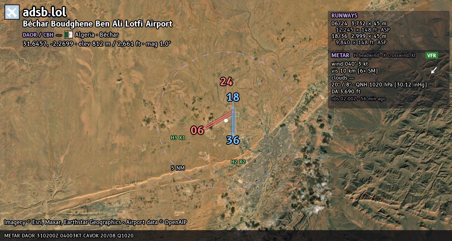 Satellite map with the runway layout of Béchar Boudghene Ben Ali Lotfi Airport (DAOR)