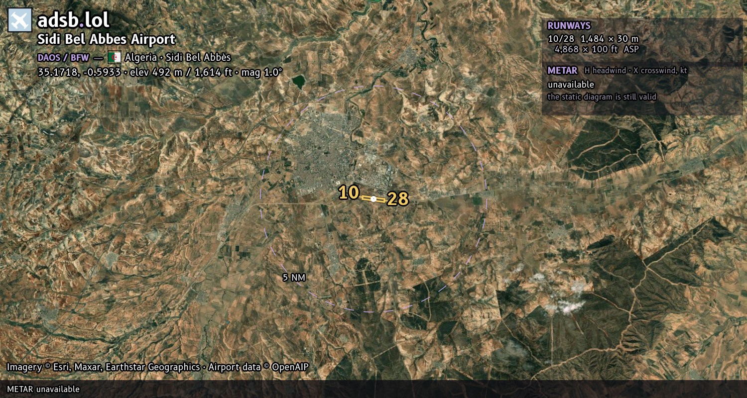Satellite map with the runway layout of Sidi Bel Abbes Airport (DAOS)