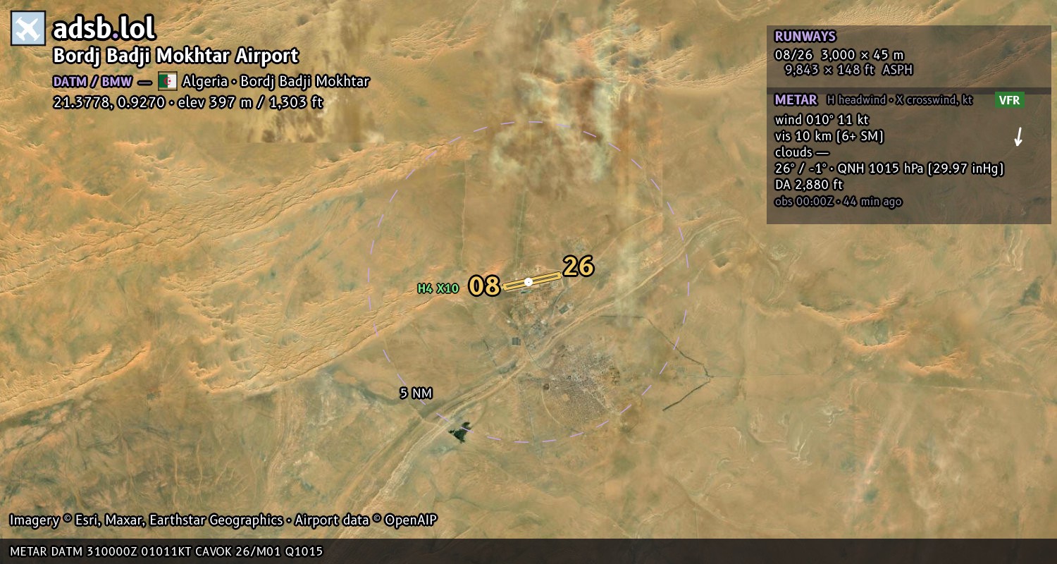 Satellite map with the runway layout of Bordj Badji Mokhtar Airport (DATM)