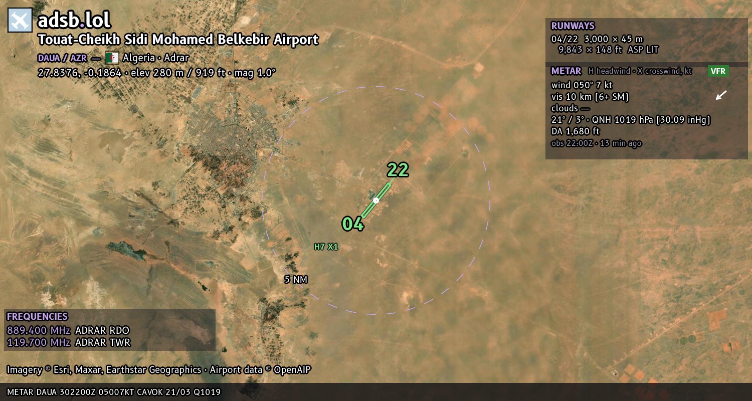 Satellite map with the runway layout of Touat-Cheikh Sidi Mohamed Belkebir Airport (DAUA)