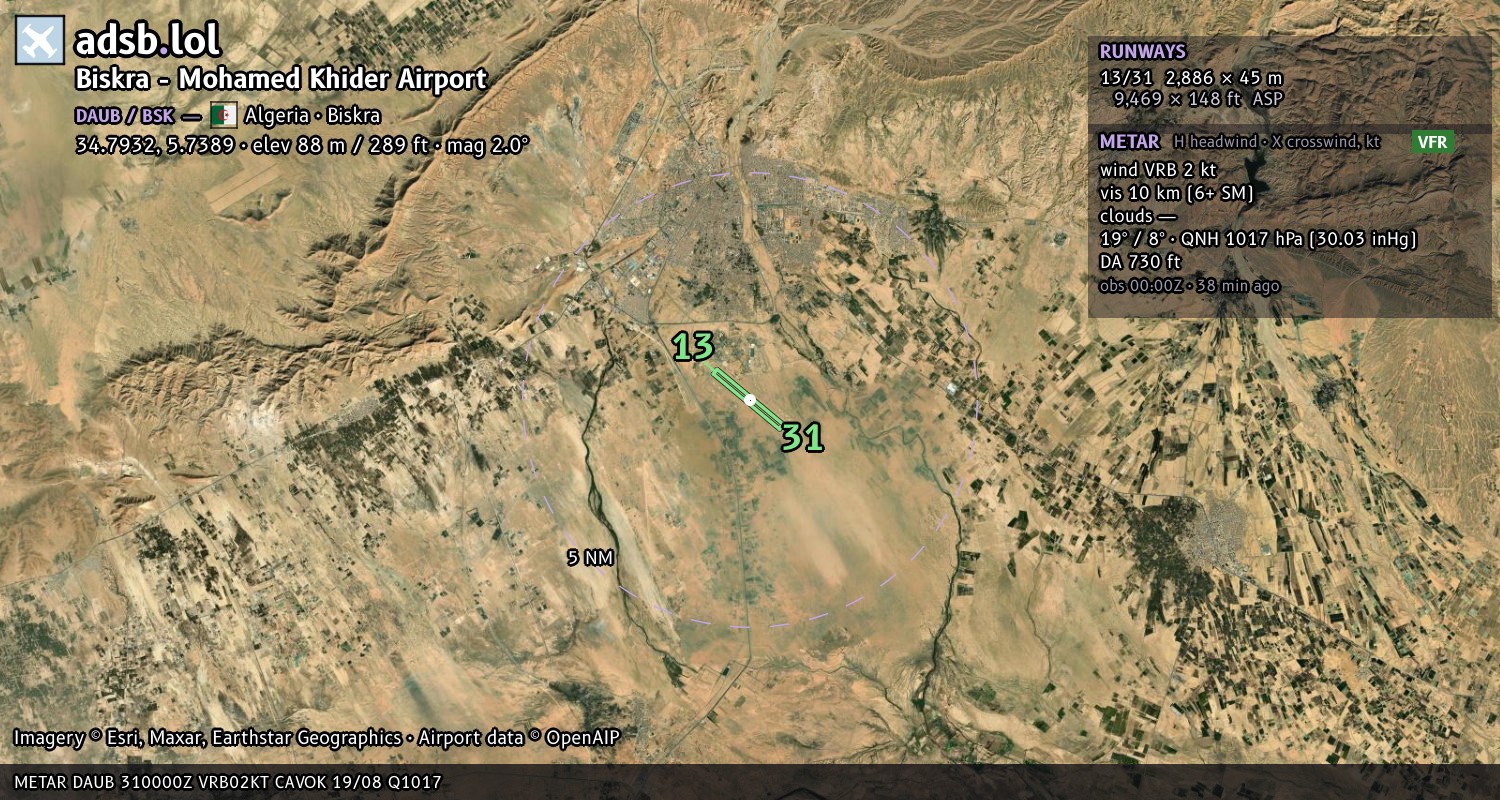 Satellite map with the runway layout of Biskra - Mohamed Khider Airport (DAUB)