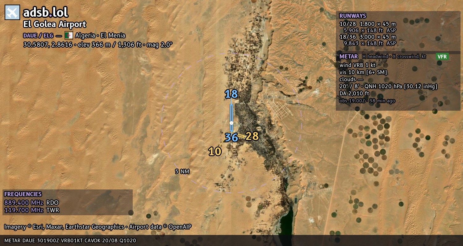 Satellite map with the runway layout of El Golea Airport (DAUE)