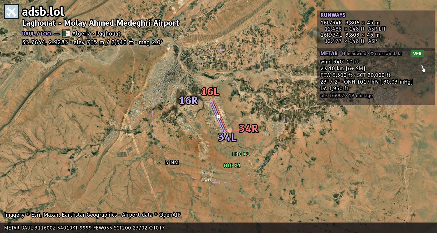Satellite map with the runway layout of Laghouat - Molay Ahmed Medeghri Airport (DAUL)