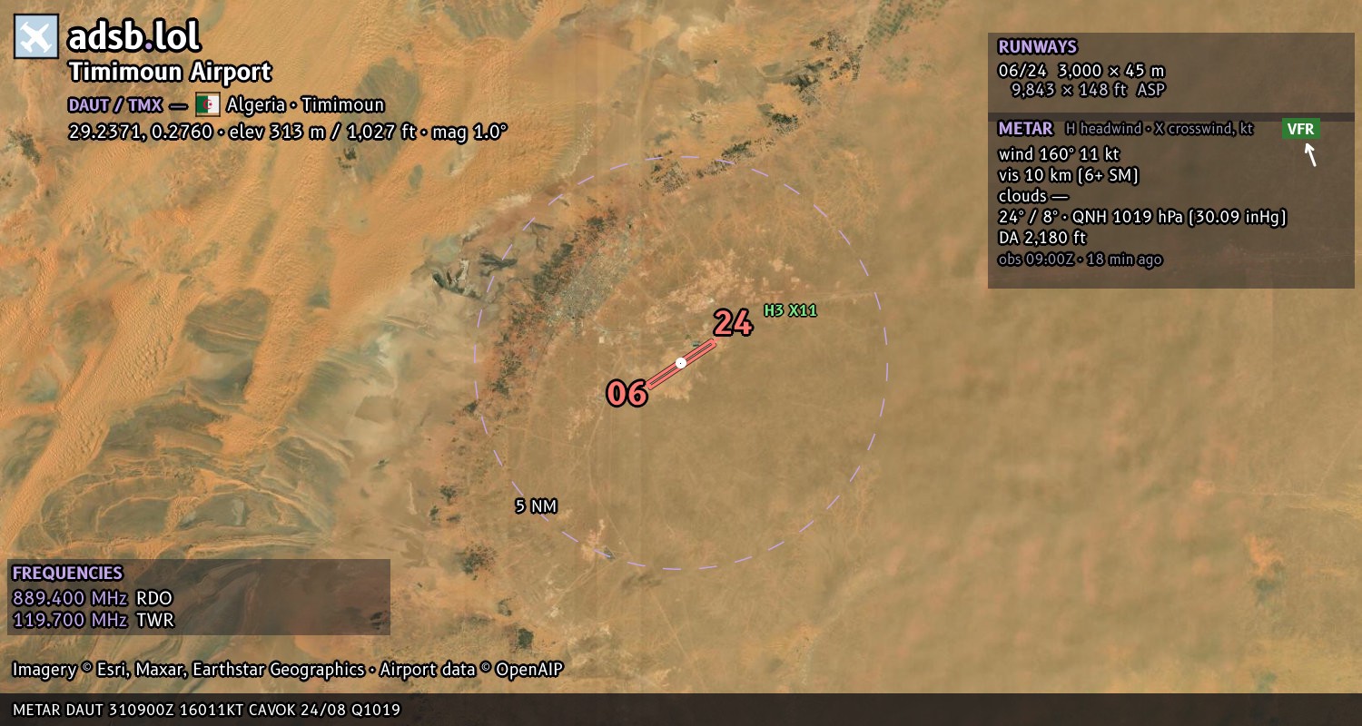 Satellite map with the runway layout of Timimoun Airport (DAUT)