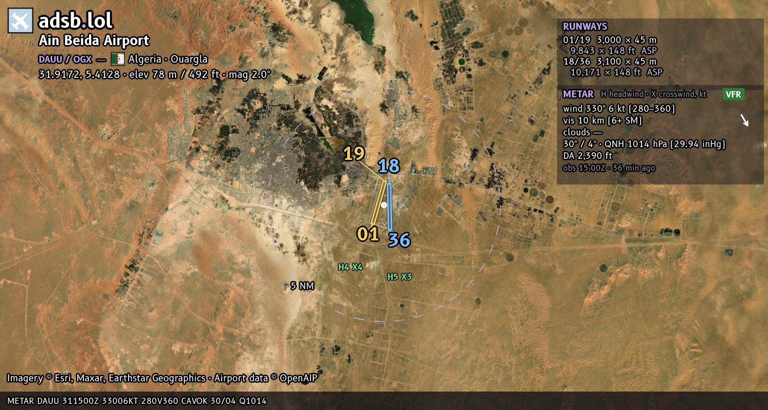 Satellite map with the runway layout of Ain Beida Airport (DAUU)