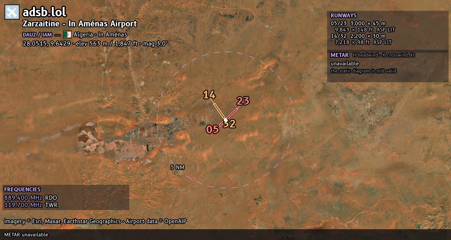 Satellite map with the runway layout of Zarzaitine - In Aménas Airport (DAUZ)