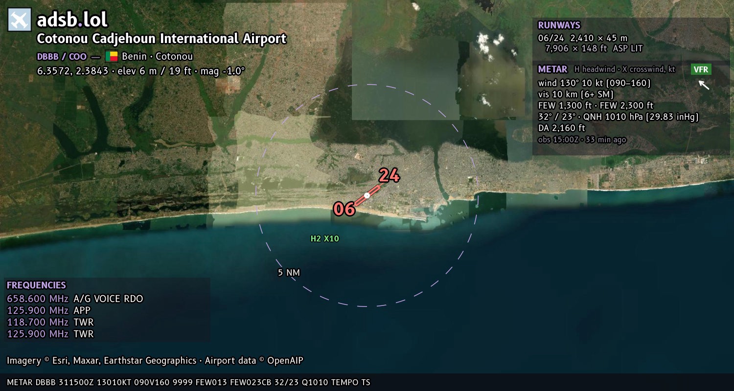 Satellite map with the runway layout of Cotonou Cadjehoun International Airport (DBBB)