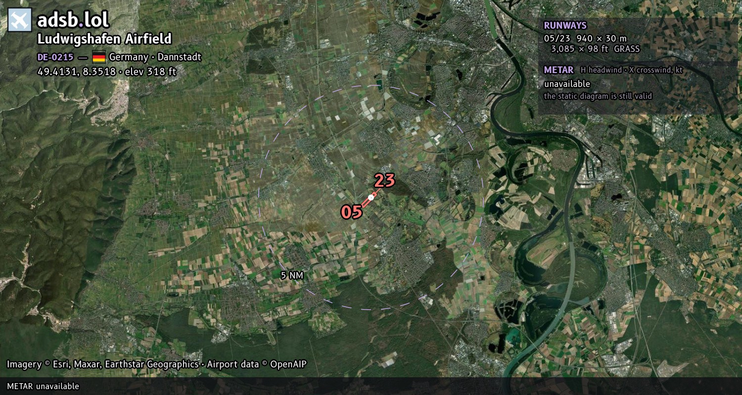 Satellite map with the runway layout of Ludwigshafen Airfield (DE-0215)