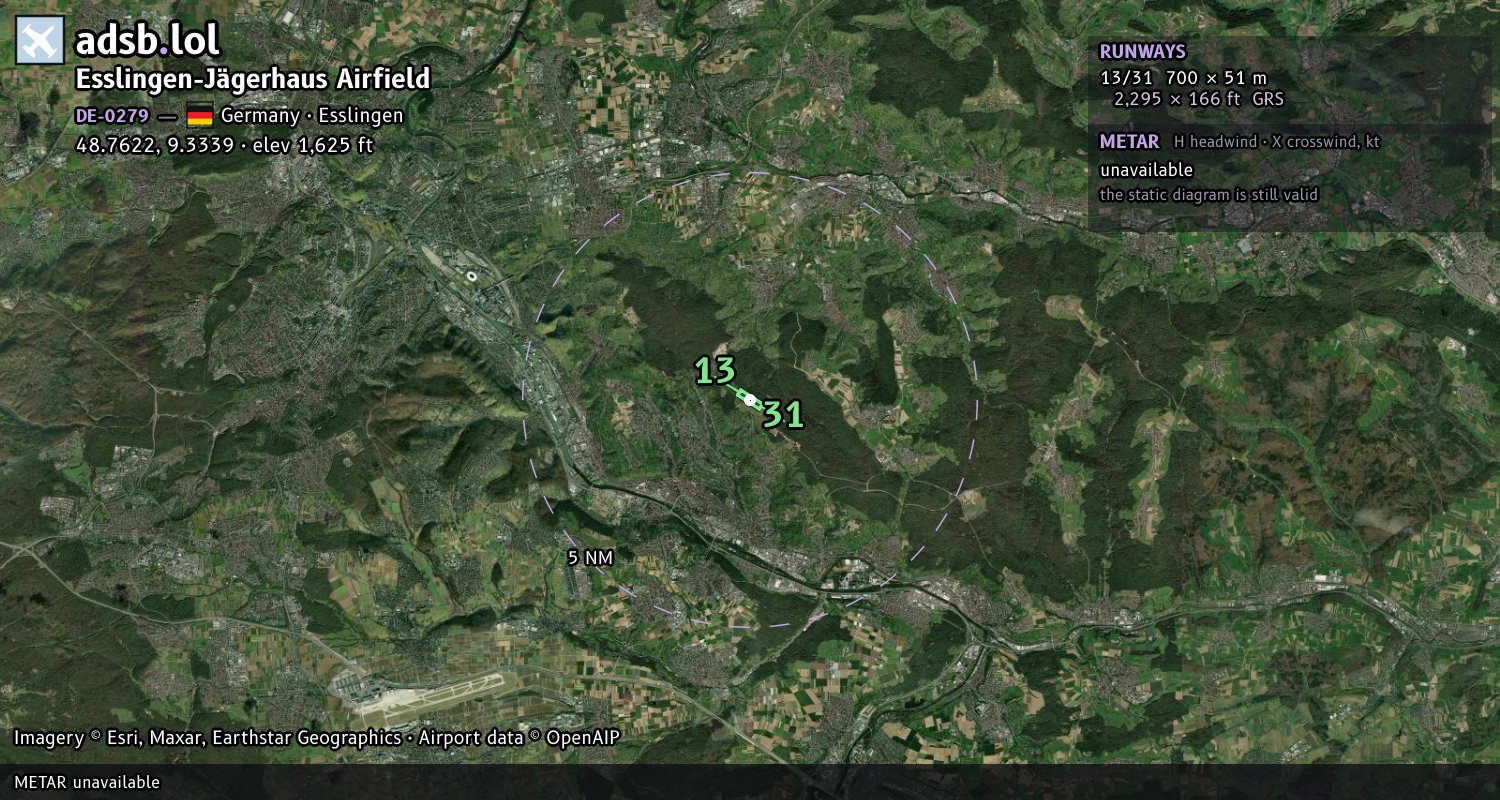 Satellite map with the runway layout of Esslingen-Jägerhaus Airfield (DE-0279)