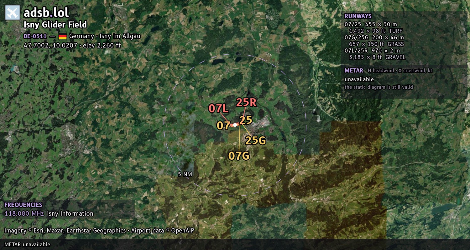 Satellite map with the runway layout of Isny Glider Field (DE-0311)