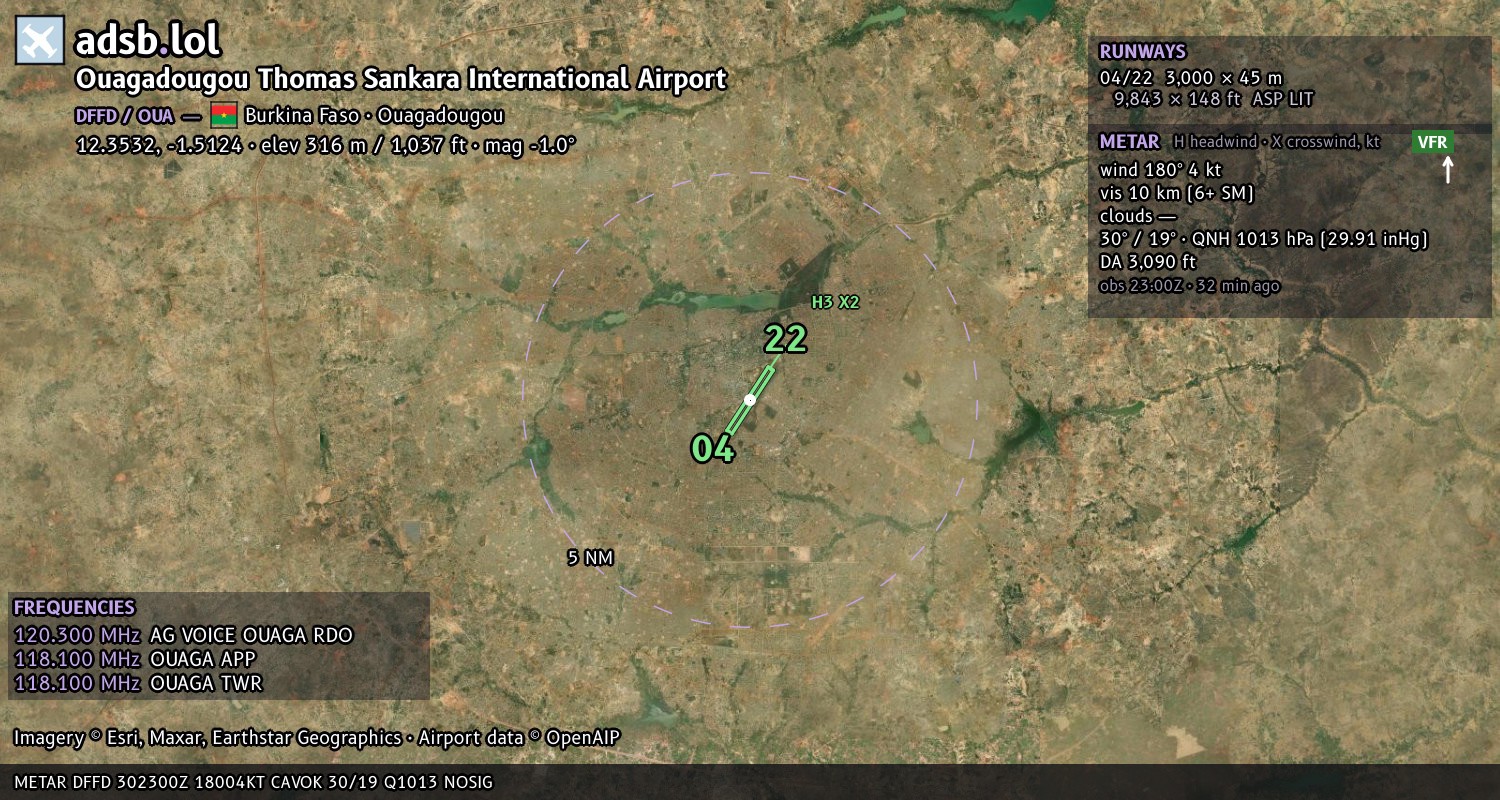Satellite map with the runway layout of Ouagadougou Thomas Sankara International Airport (DFFD)