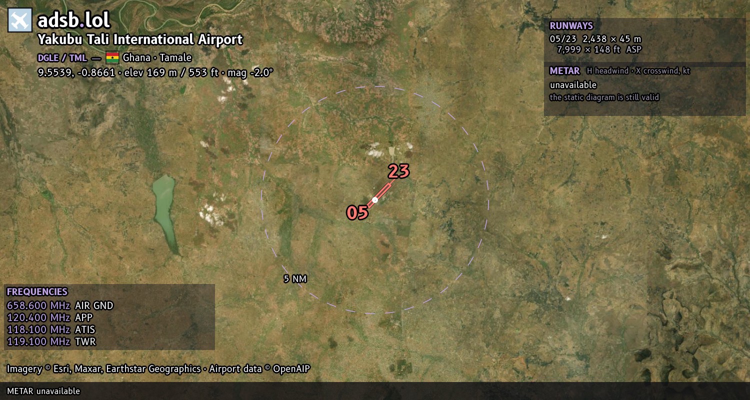 Satellite map with the runway layout of Yakubu Tali International Airport (DGLE)