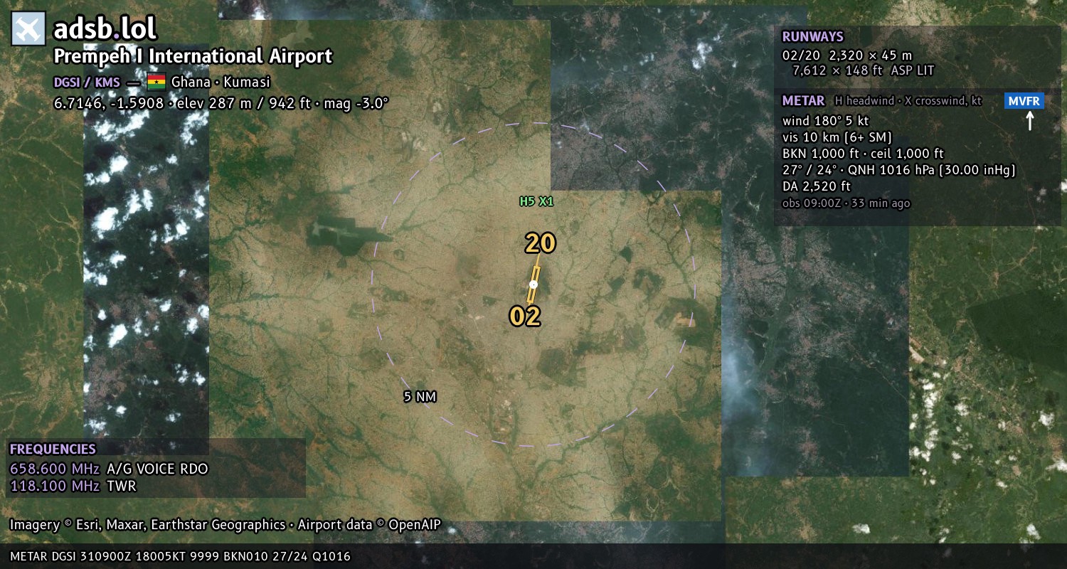 Satellite map with the runway layout of Prempeh I International Airport (DGSI)