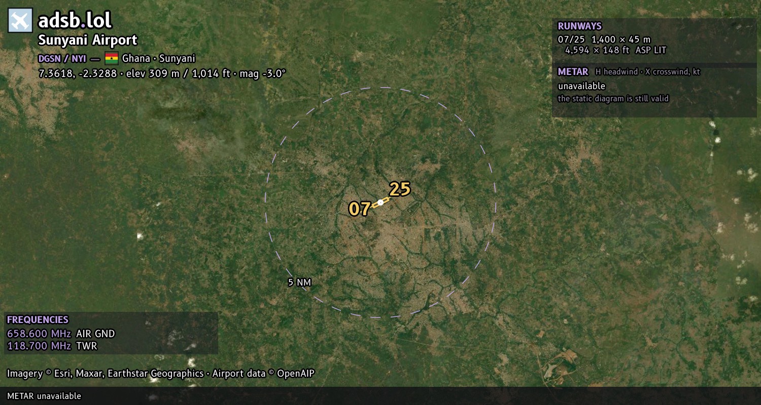 Satellite map with the runway layout of Sunyani Airport (DGSN)