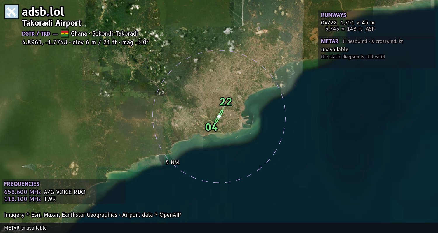 Satellite map with the runway layout of Takoradi Airport (DGTK)