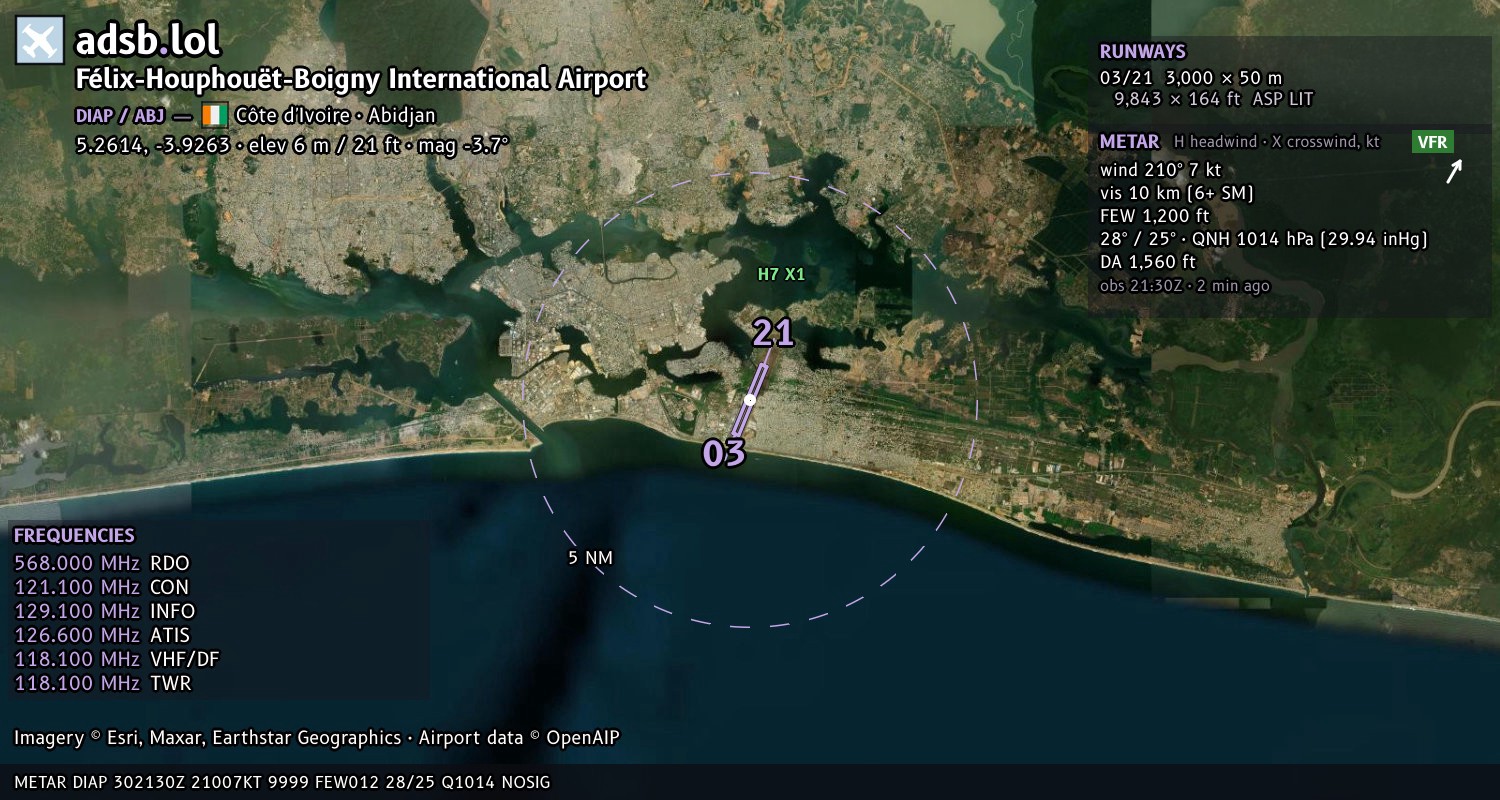 Satellite map with the runway layout of Félix-Houphouët-Boigny International Airport (DIAP)