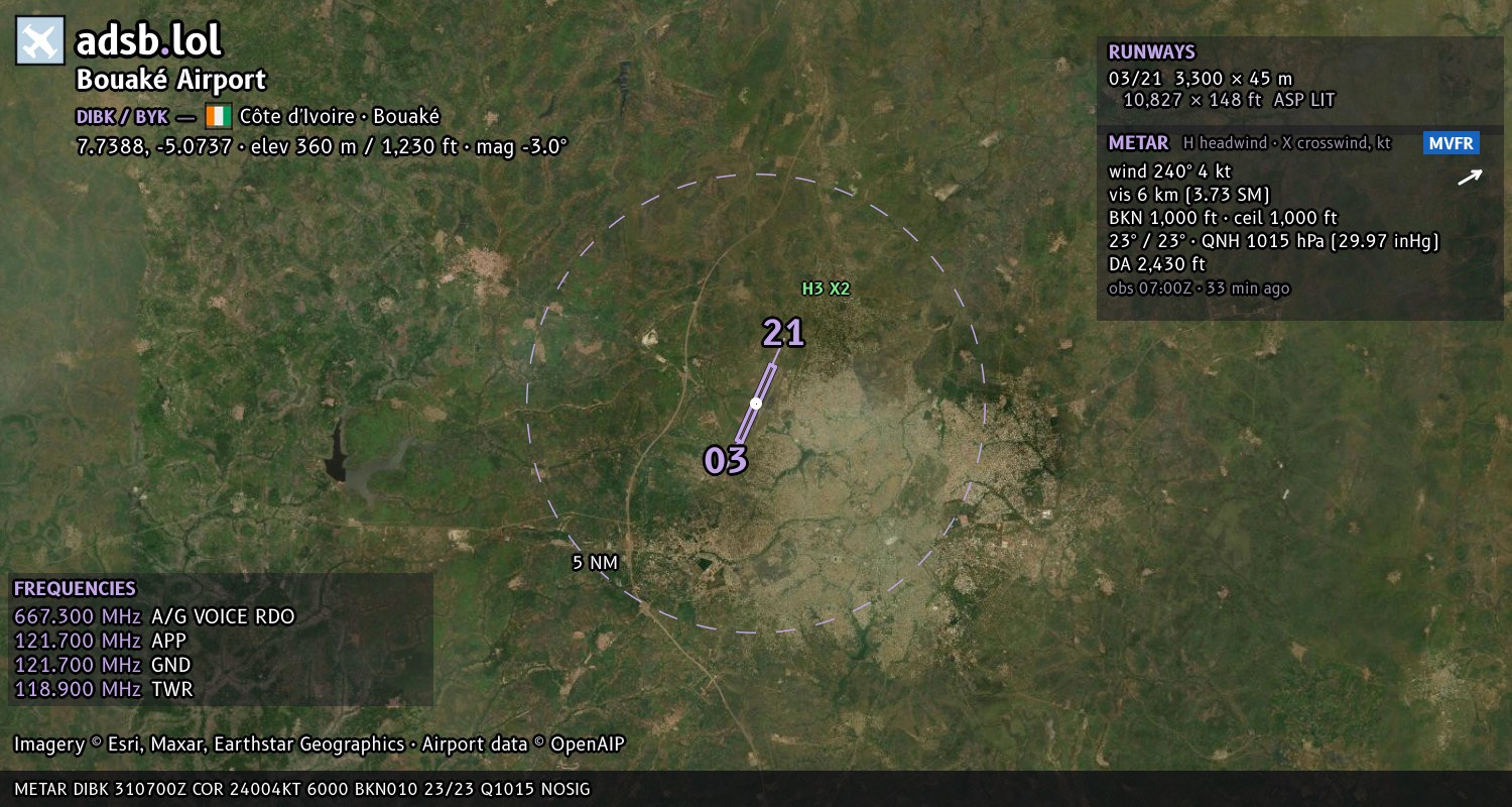 Satellite map with the runway layout of Bouaké Airport (DIBK)