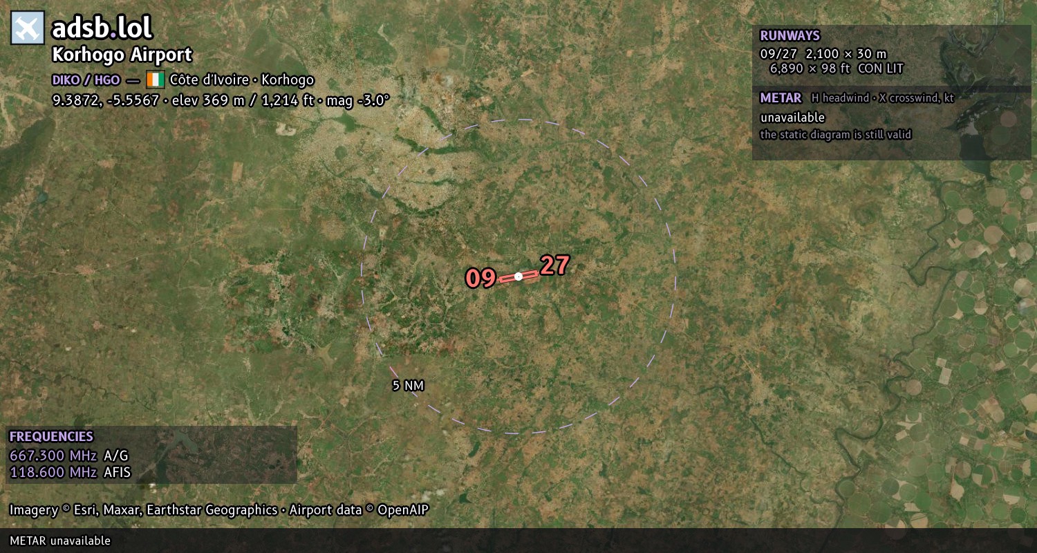 Satellite map with the runway layout of Korhogo Airport (DIKO)