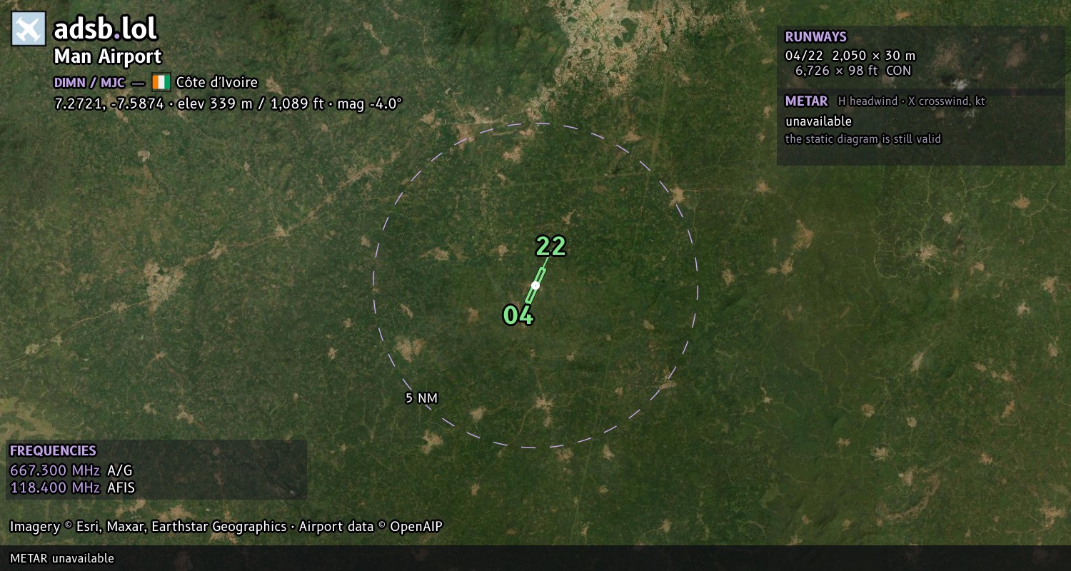 Satellite map with the runway layout of Man Airport (DIMN)