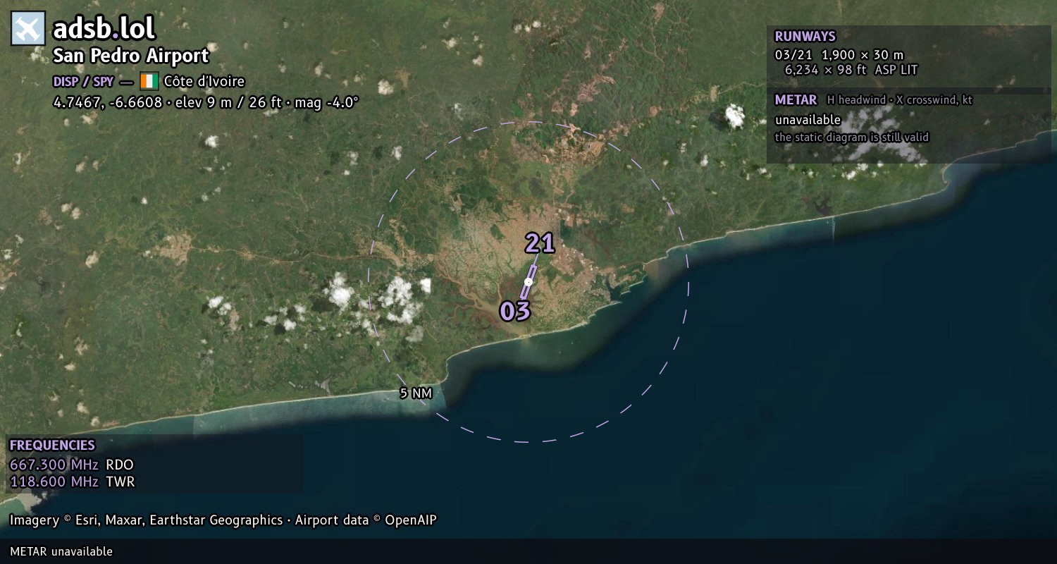Satellite map with the runway layout of San Pedro Airport (DISP)