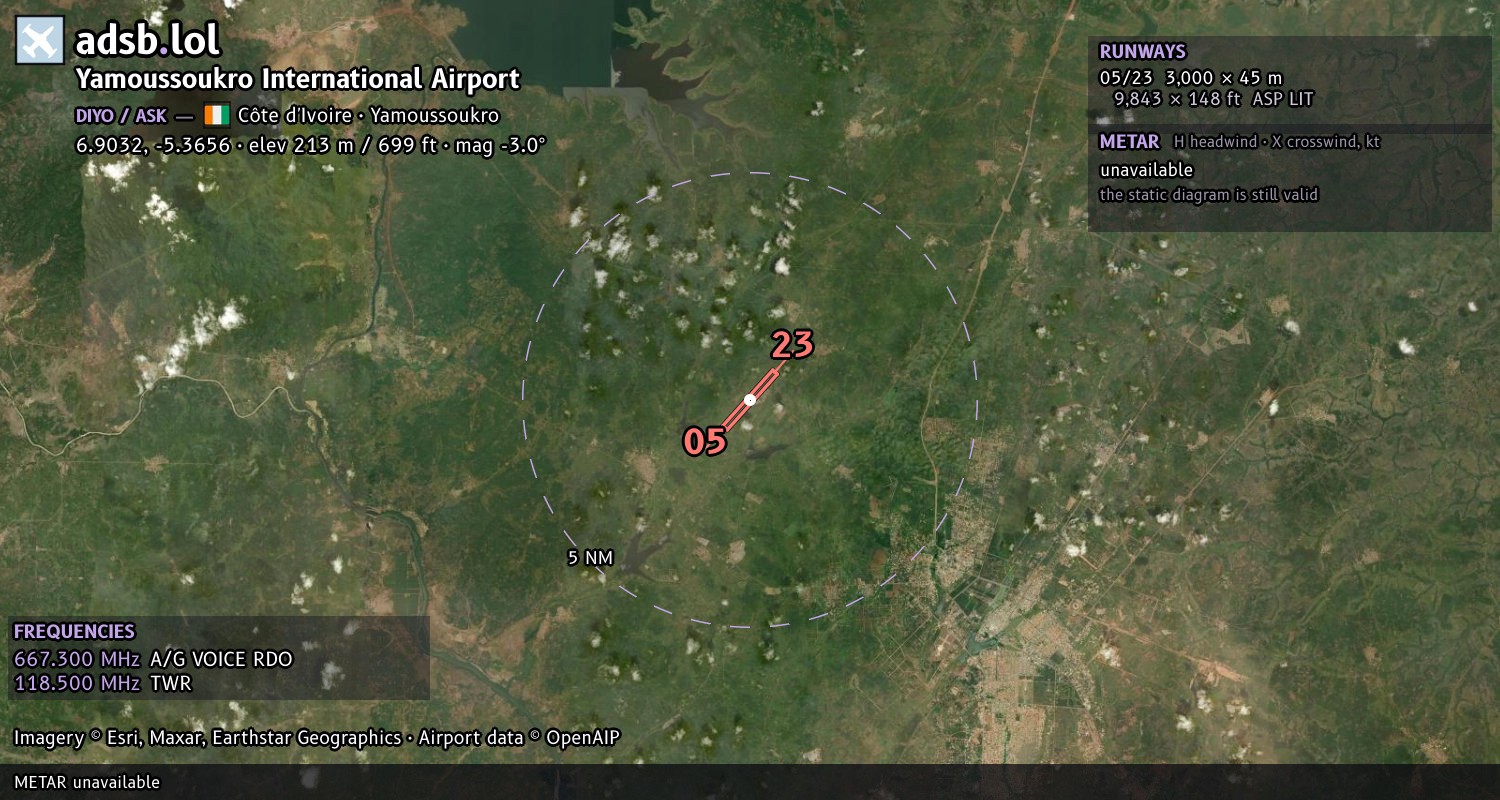 Satellite map with the runway layout of Yamoussoukro International Airport (DIYO)