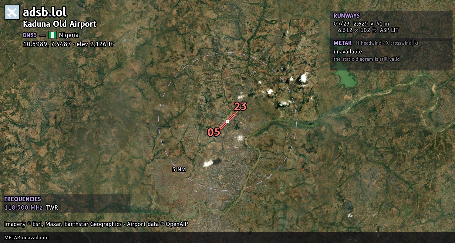 Satellite map with the runway layout of Kaduna Old Airport (DN53)