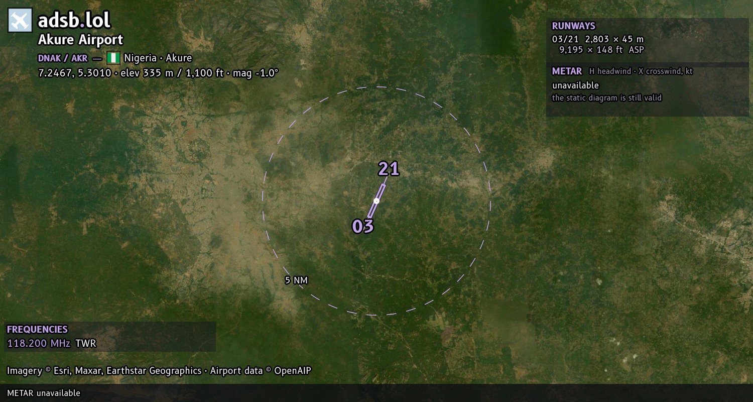 Satellite map with the runway layout of Akure Airport (DNAK)