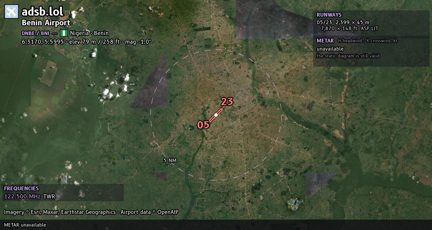 Satellite map with the runway layout of Benin Airport (DNBE)