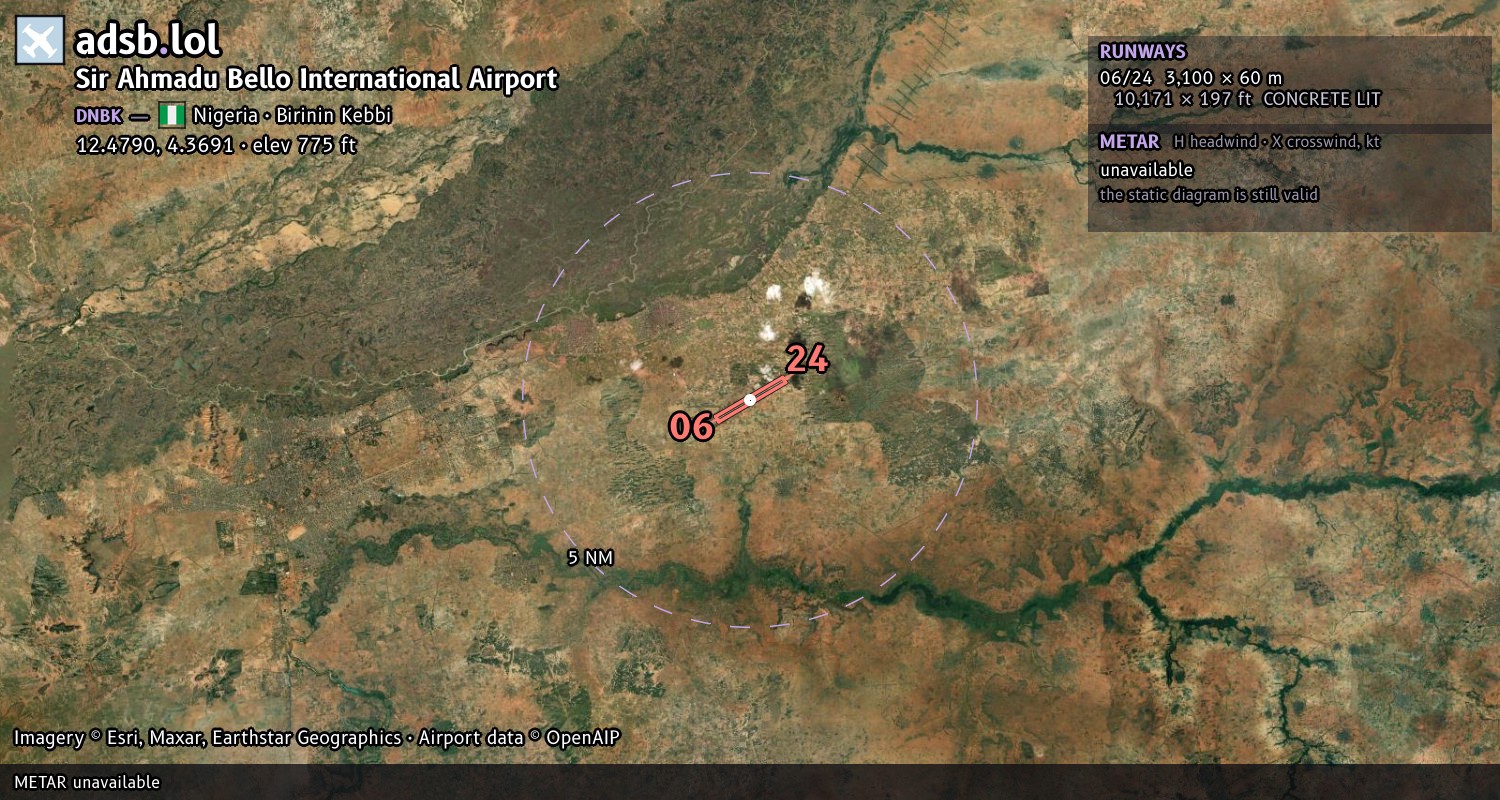 Satellite map with the runway layout of Sir Ahmadu Bello International Airport (DNBK)