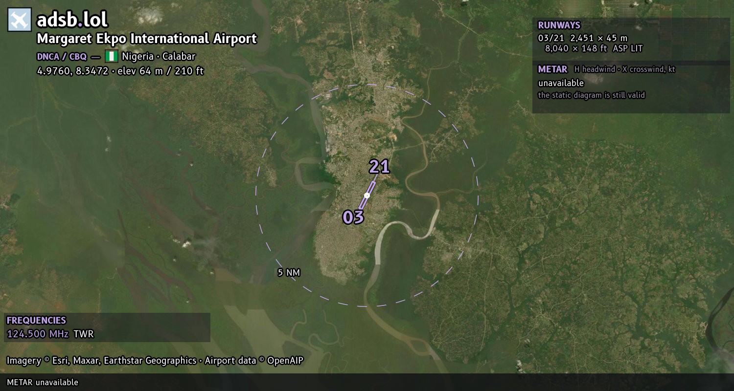 Satellite map with the runway layout of Margaret Ekpo International Airport (DNCA)