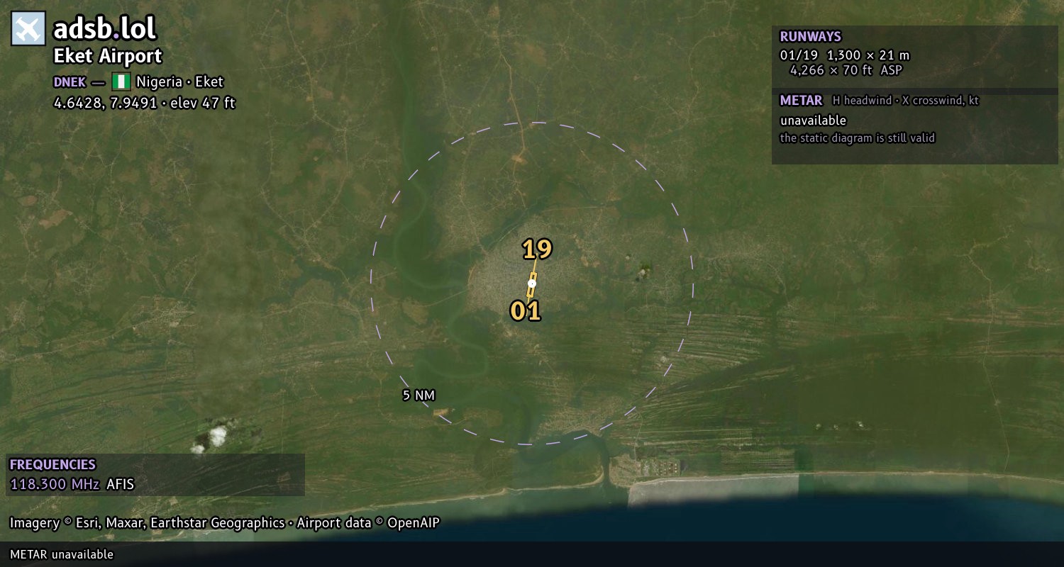 Satellite map with the runway layout of Eket Airport (DNEK)