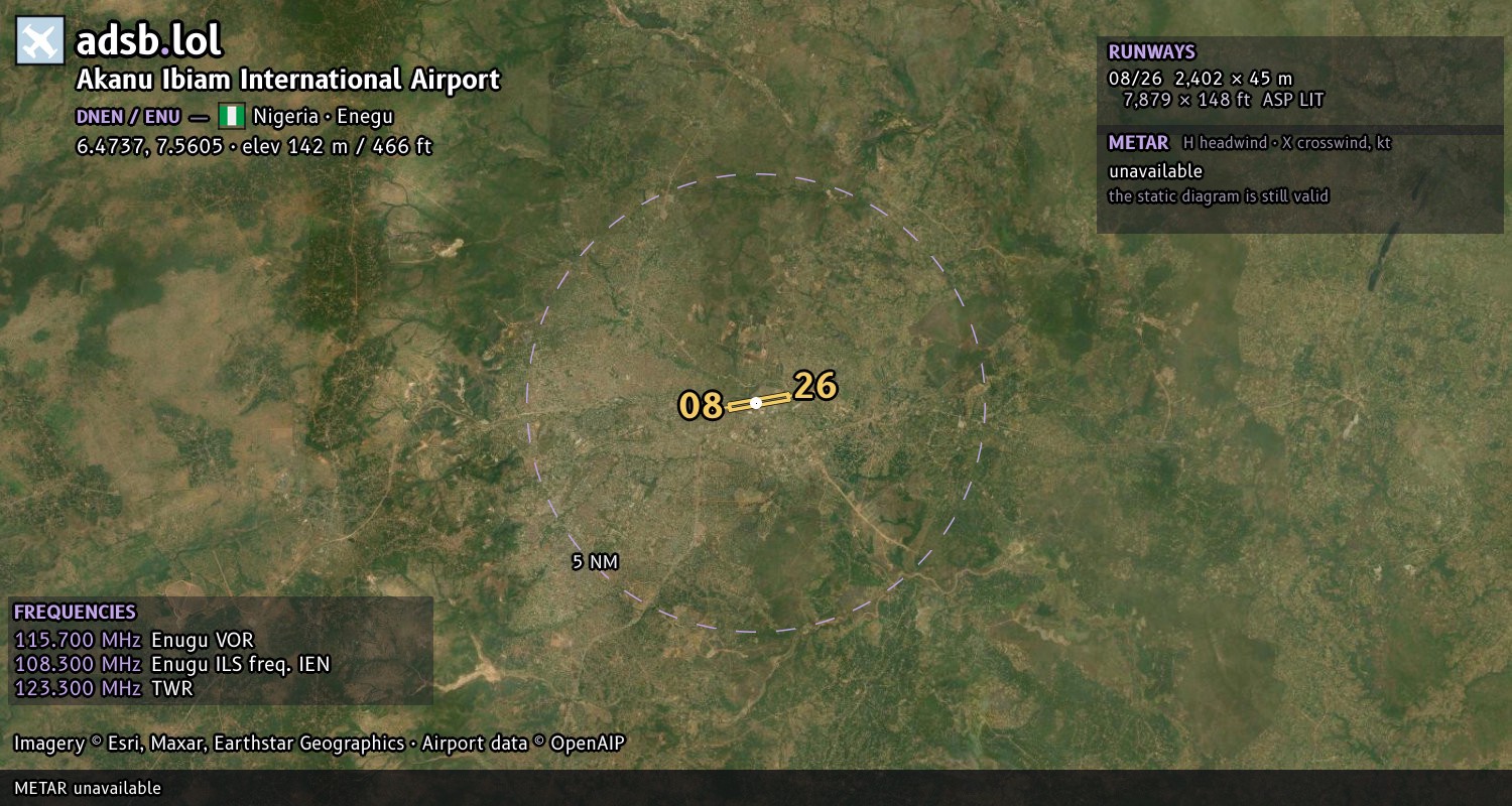 Satellite map with the runway layout of Akanu Ibiam International Airport (DNEN)