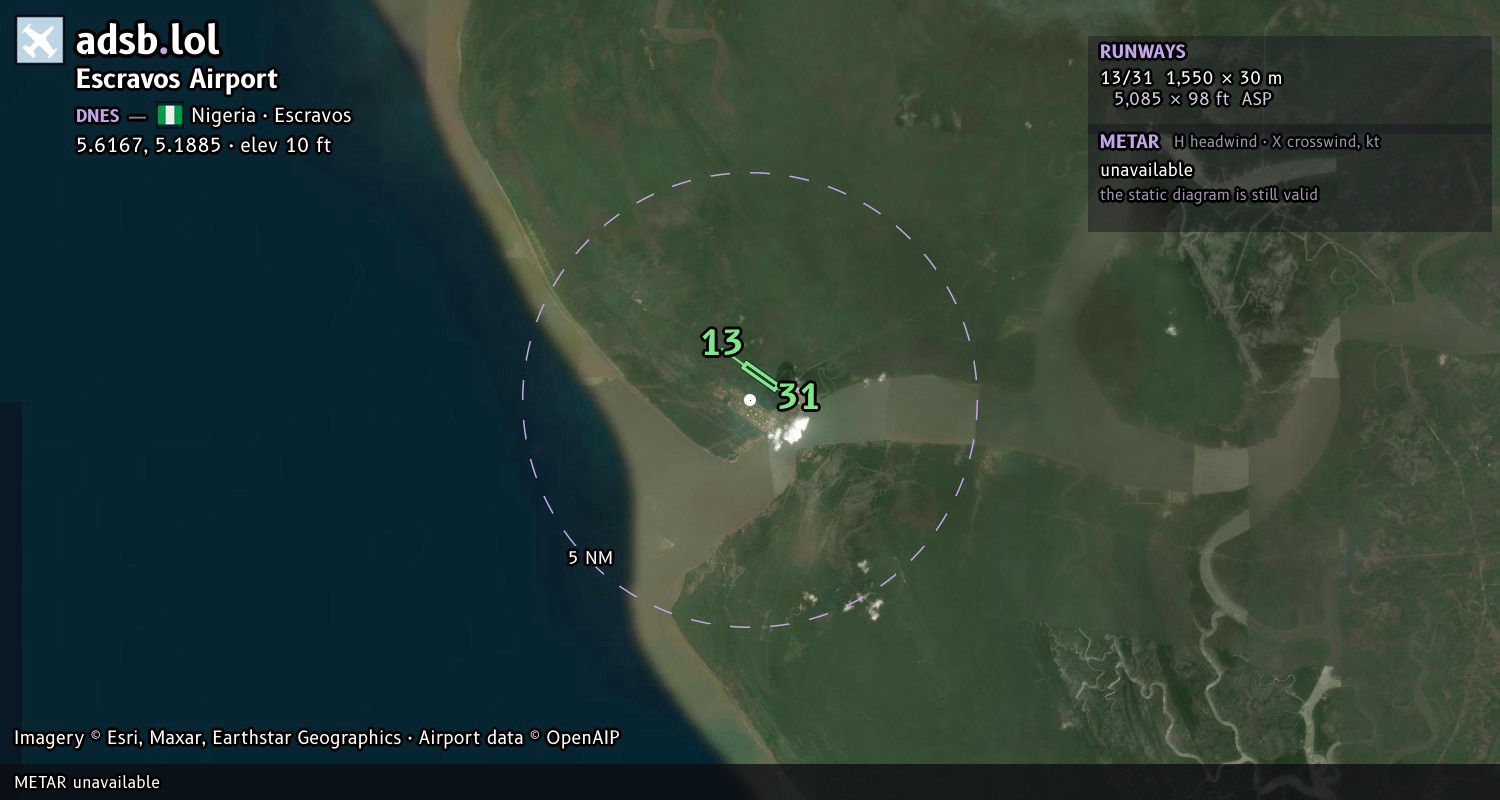 Satellite map with the runway layout of Escravos Airport (DNES)