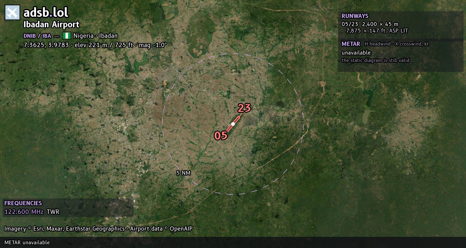 Satellite map with the runway layout of Ibadan Airport (DNIB)