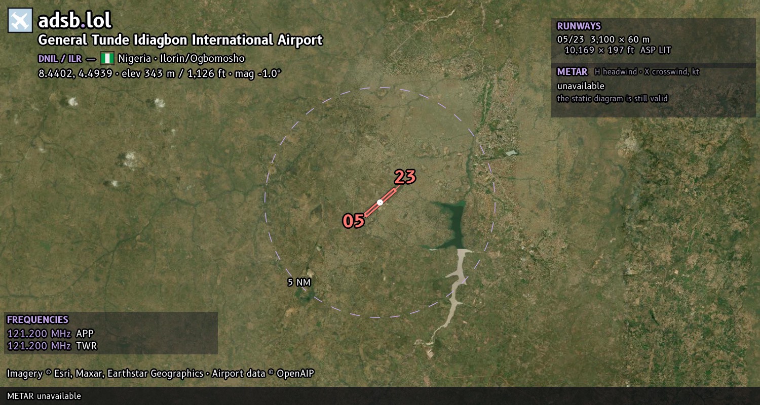 Satellite map with the runway layout of General Tunde Idiagbon International Airport (DNIL)