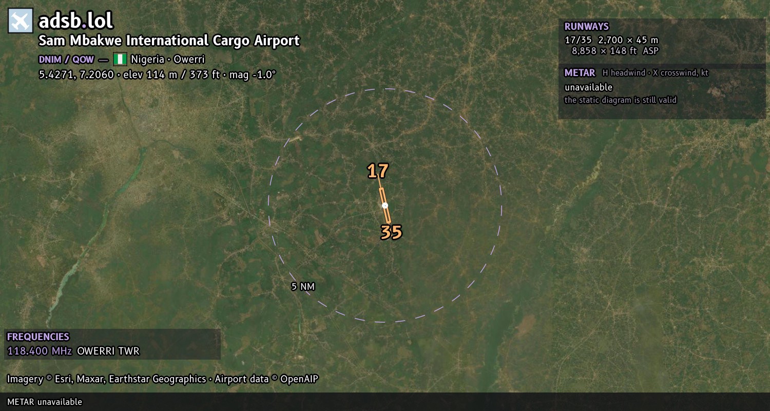 Satellite map with the runway layout of Sam Mbakwe International Cargo Airport (DNIM)