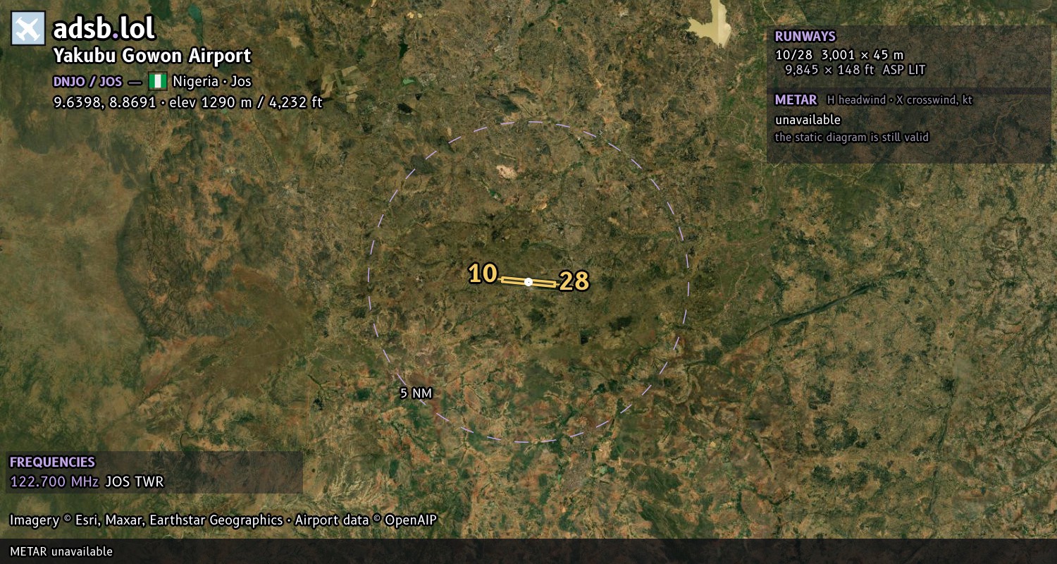 Satellite map with the runway layout of Yakubu Gowon Airport (DNJO)