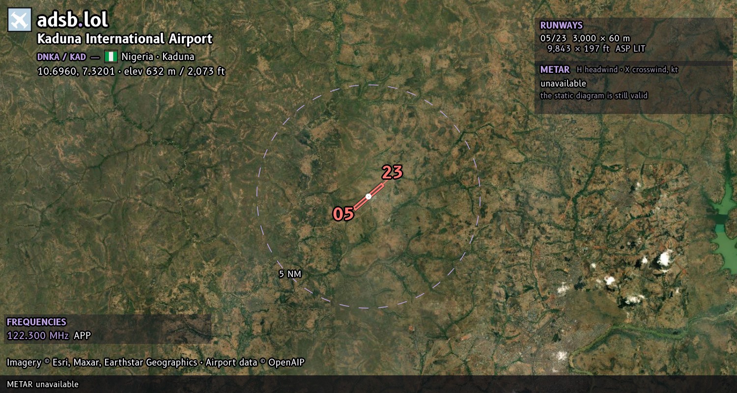 Satellite map with the runway layout of Kaduna International Airport (DNKA)