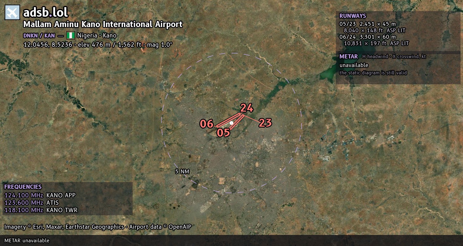 Satellite map with the runway layout of Mallam Aminu Kano International Airport (DNKN)