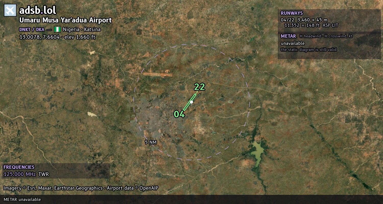 Satellite map with the runway layout of Umaru Musa Yar'adua Airport (DNKT)