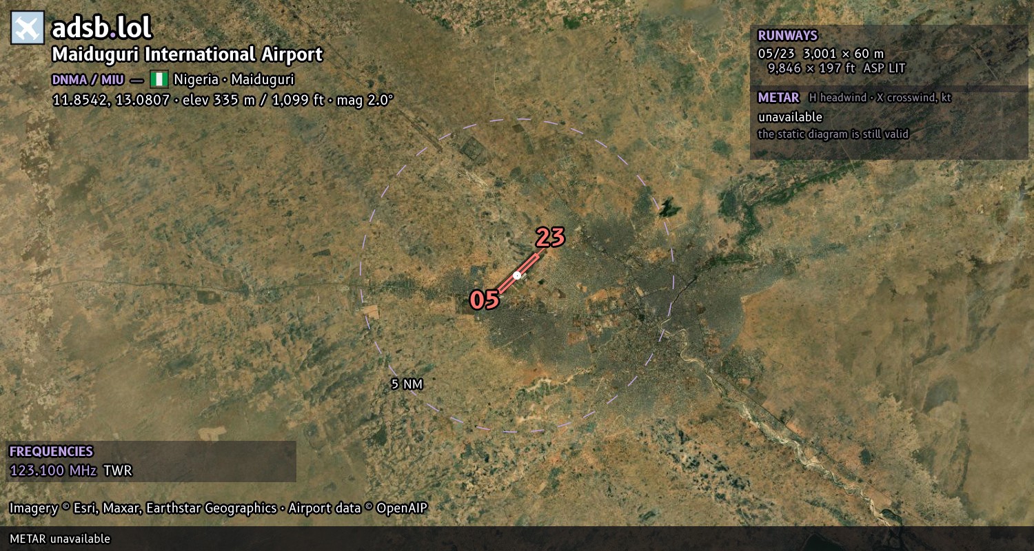 Satellite map with the runway layout of Maiduguri International Airport (DNMA)