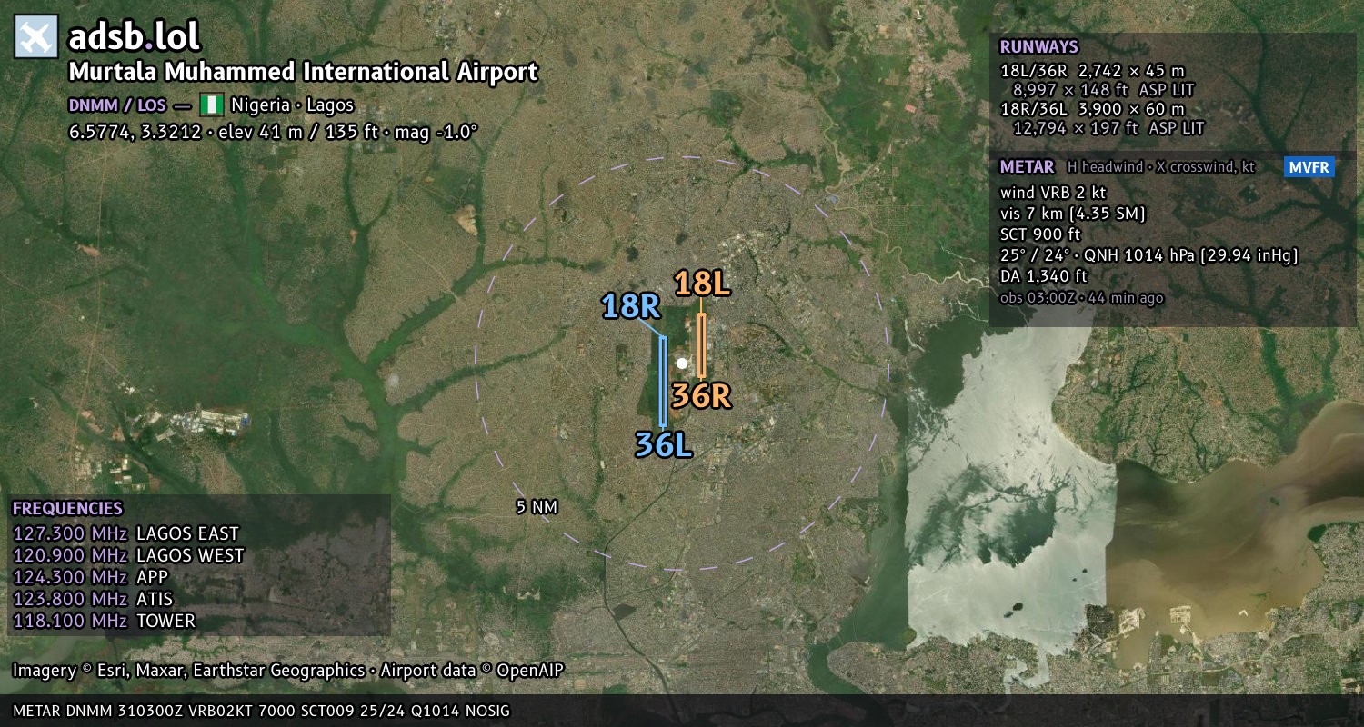Satellite map with the runway layout of Murtala Muhammed International Airport (DNMM)