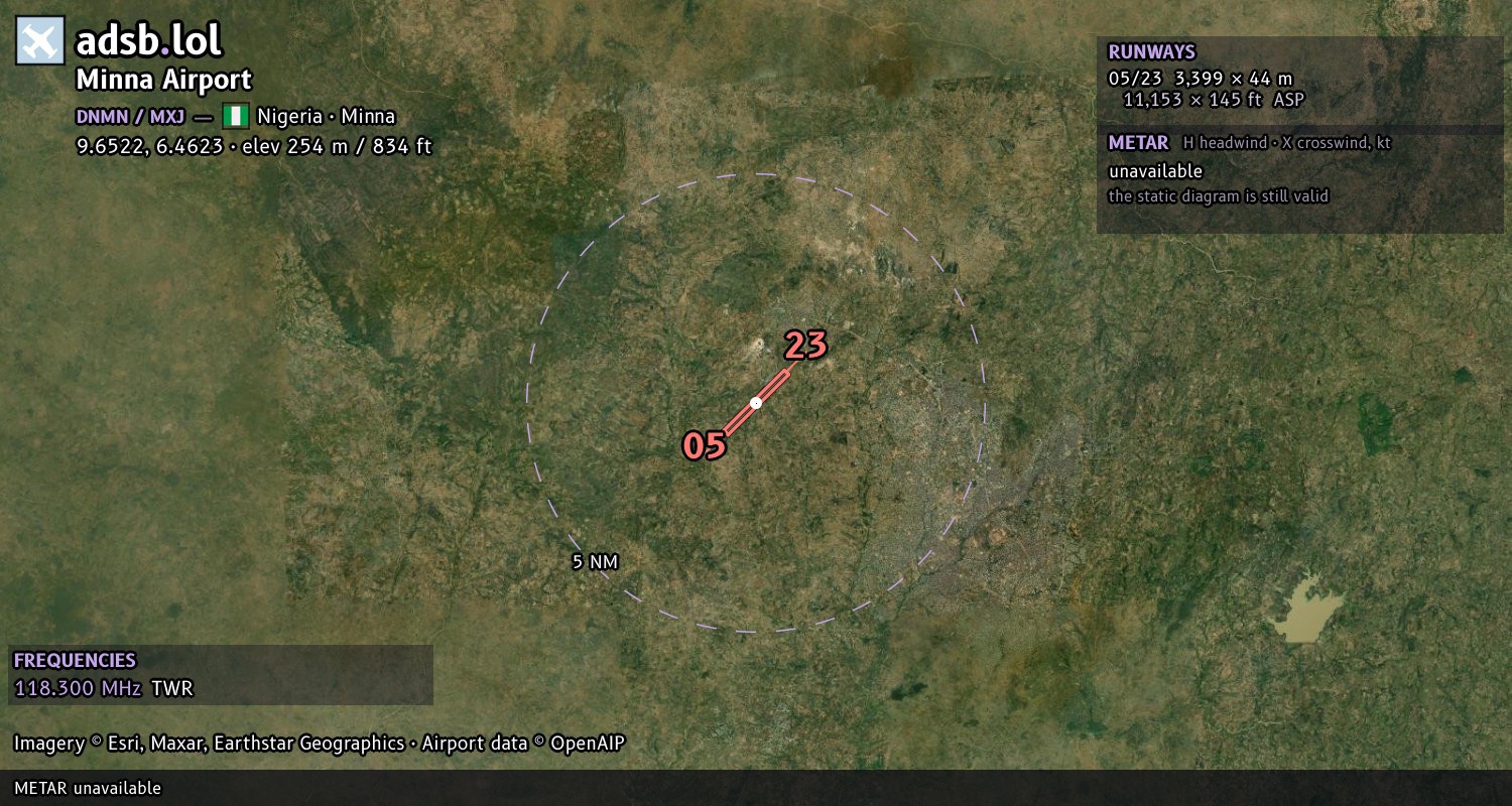 Satellite map with the runway layout of Minna Airport (DNMN)