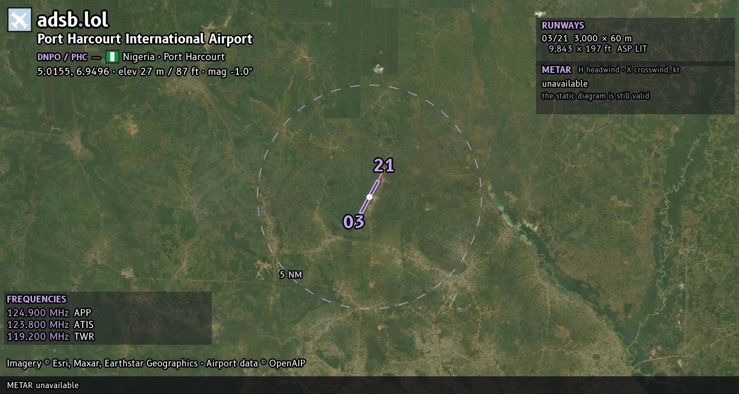 Satellite map with the runway layout of Port Harcourt International Airport (DNPO)