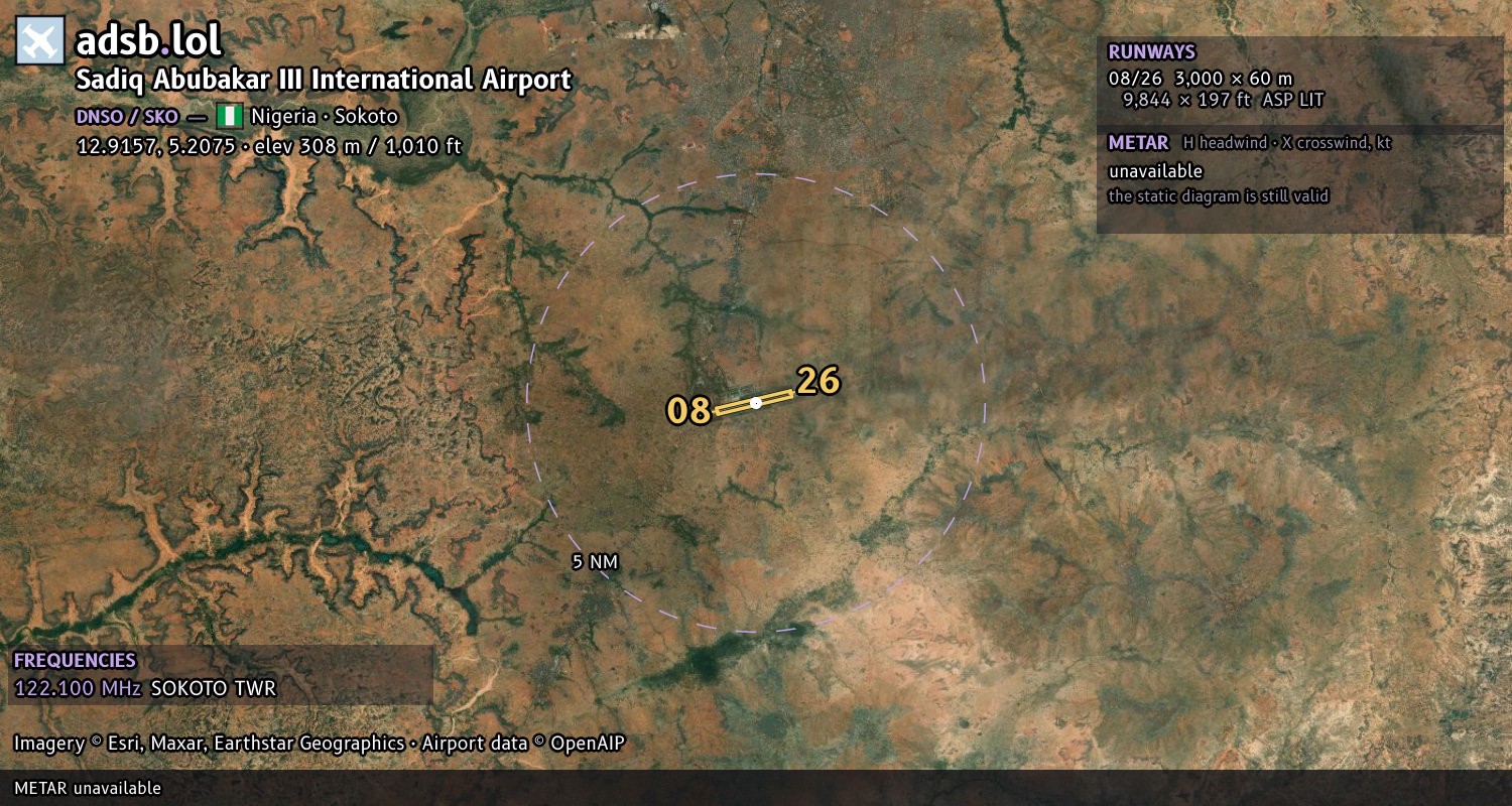 Satellite map with the runway layout of Sadiq Abubakar III International Airport (DNSO)