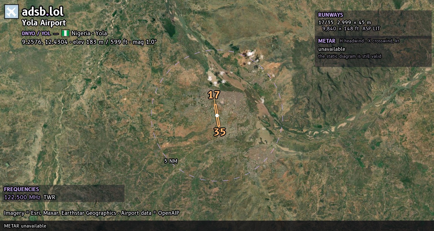 Satellite map with the runway layout of Yola Airport (DNYO)